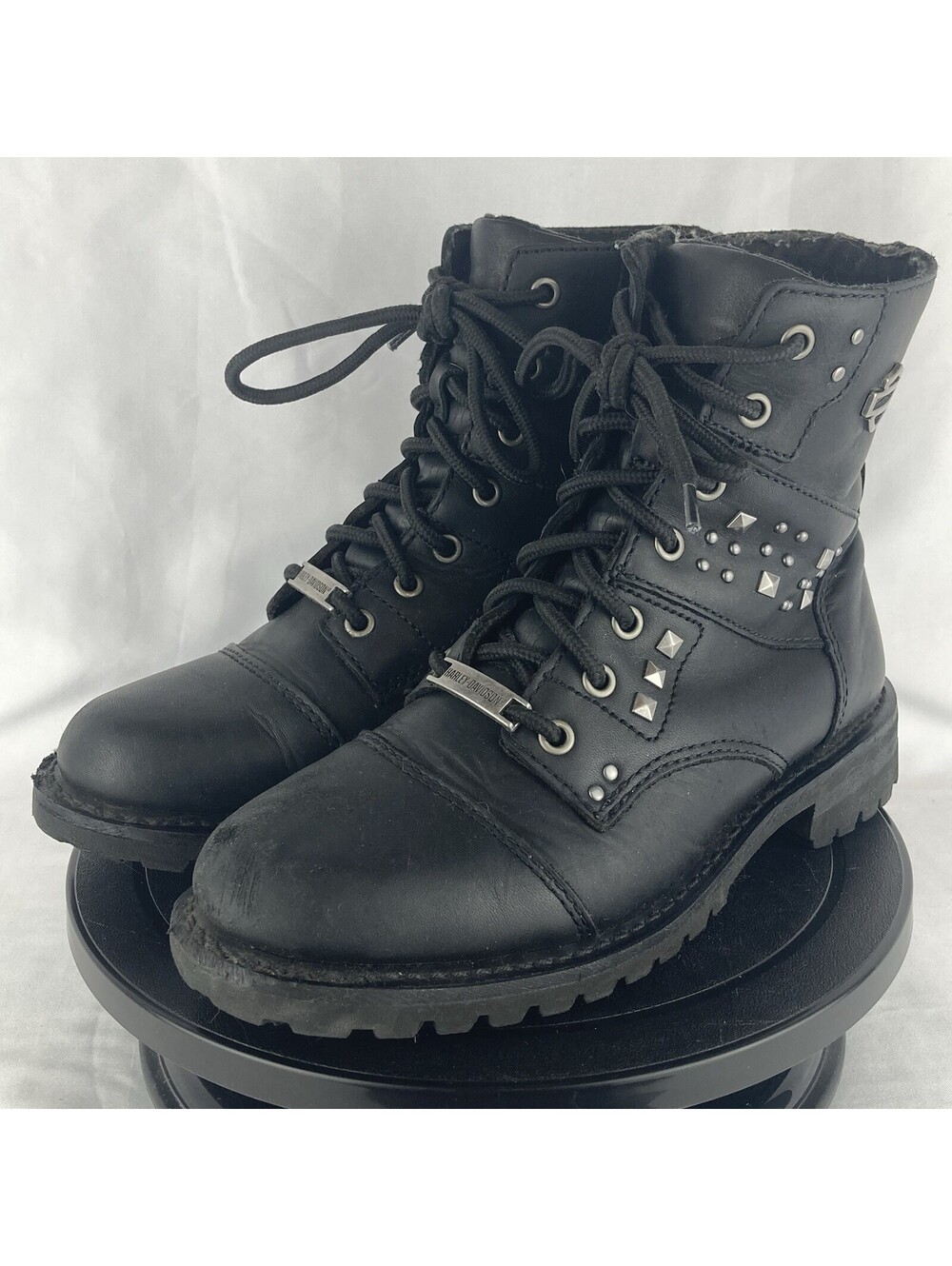 Women’s 8 Harley Davidson Black Leather Studded Combat Motorcycle Boots Side Zip